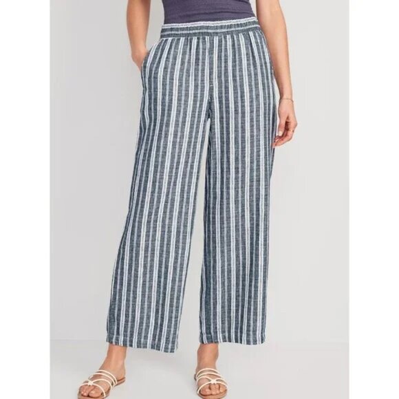 Old Navy Linen Blend Wide Leg Pull On Pants Trousers Blue Striped Size 3X NWT - Picture 2 of 11